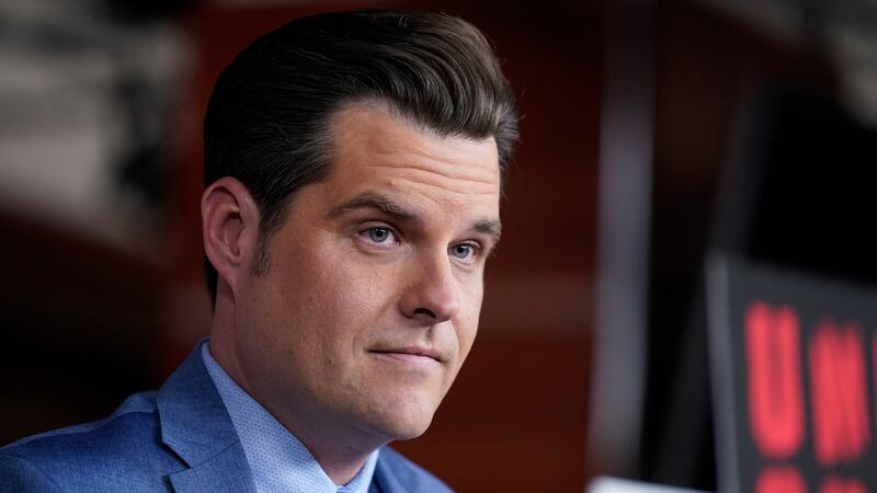 FILE - Rep. Matt Gaetz, R-Fla., listens during a news conference at the Capitol in Washington,...