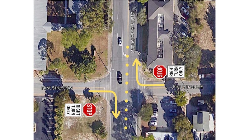 The turn lane and the inside northbound lane of Beal Parkway will be closed near First Street...