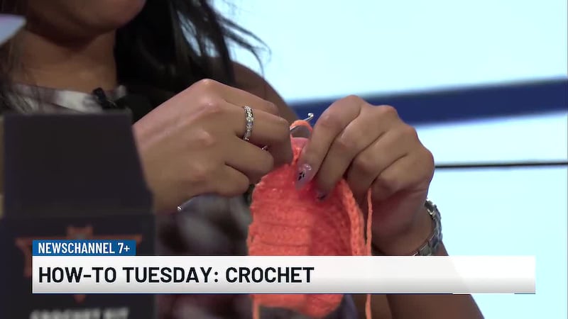 NewsChannel 7's Mia Hernandez teaches Producer Evan the basics for those learning to crochet.